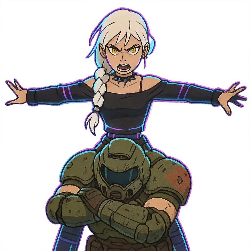  young woman with gold yellow eyes, white hair, long braid, black off-shoulder top, punk gothic style, futuristic cyberwave cyberpunk,, she is aggresively t-posing over a cowering doomguy emoji
