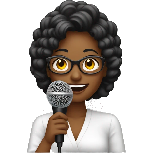 Una mujer negra crespa hablando con un microfono como si fuera un podcast emoji