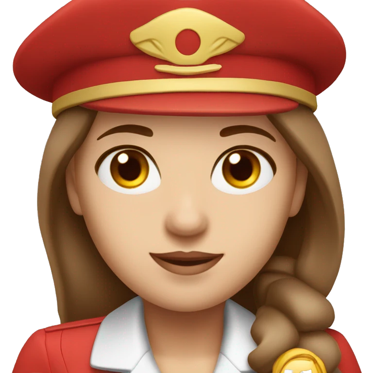 A white stewardess with long brown hair and brown eyes in a red uniform and a red beret emoji