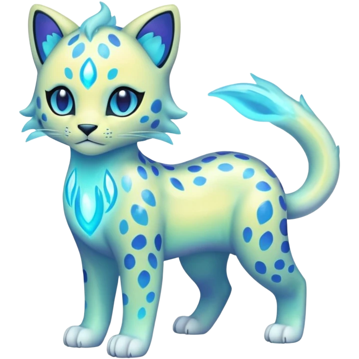 Colorful Iridescent Shiny Pastel Nebulae Glowing Neon Bioluminescent Bright Icy Elemental Pawny Cute Innocent Liepard-Amaura-Litten-Sprigatito-Pokémon-fusion-creature (full body) emoji