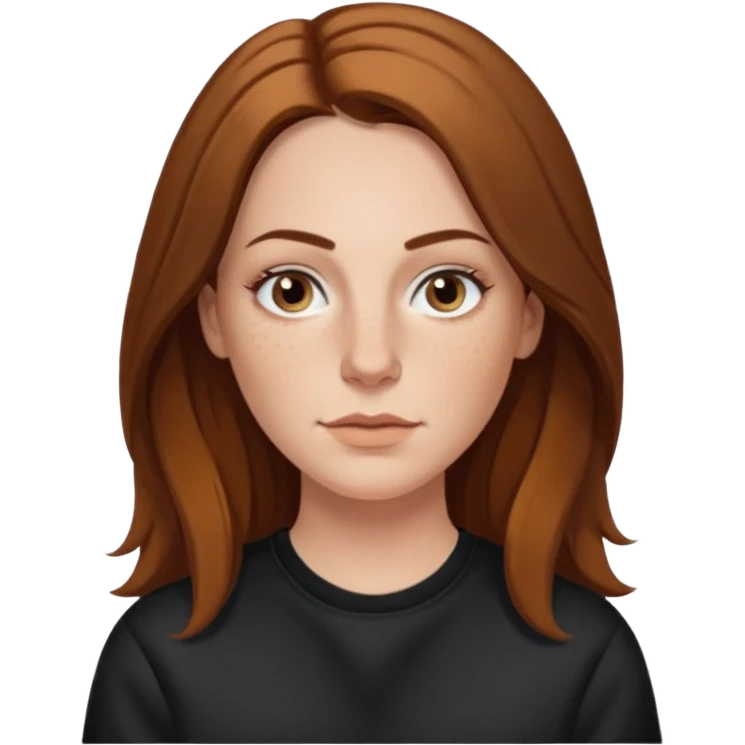 A 38 year old white woman with long brunette hair parted in the middle. She has her nose pierced. Her nose is medium sized. She has brown eyes. She has freckles and is wearing a black sweatshirt emoji