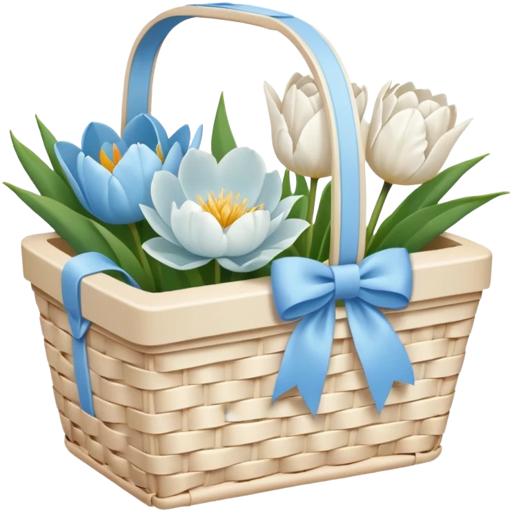 A white Picnic basket with pastel blue bow, white peonie, tulips emoji