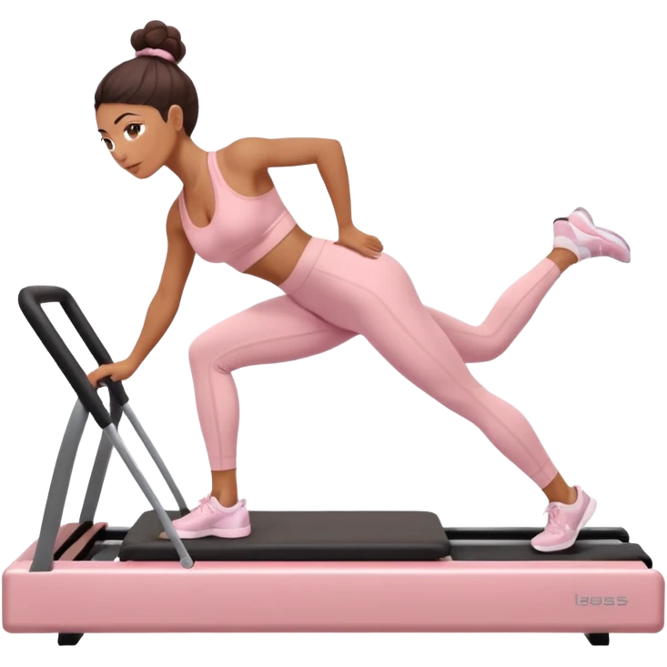 Mixed-race athletic woman with caramel skin, wearing pastel pink sports bra and leggings, doing Pilates on a reformer machine emoji
