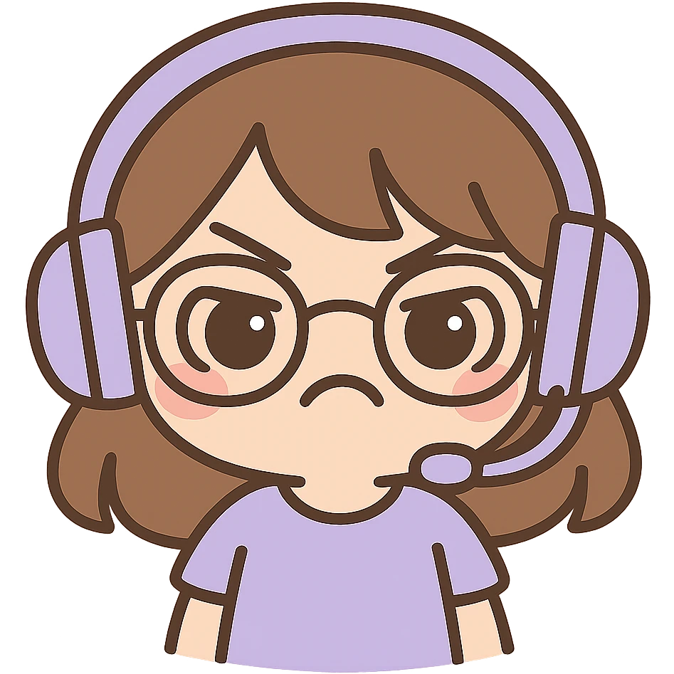 Edit the image to depict a female brunette with glasses and a purple gaming headset in chibi style, with an angry facial expression. Keep the background transparent. emoji