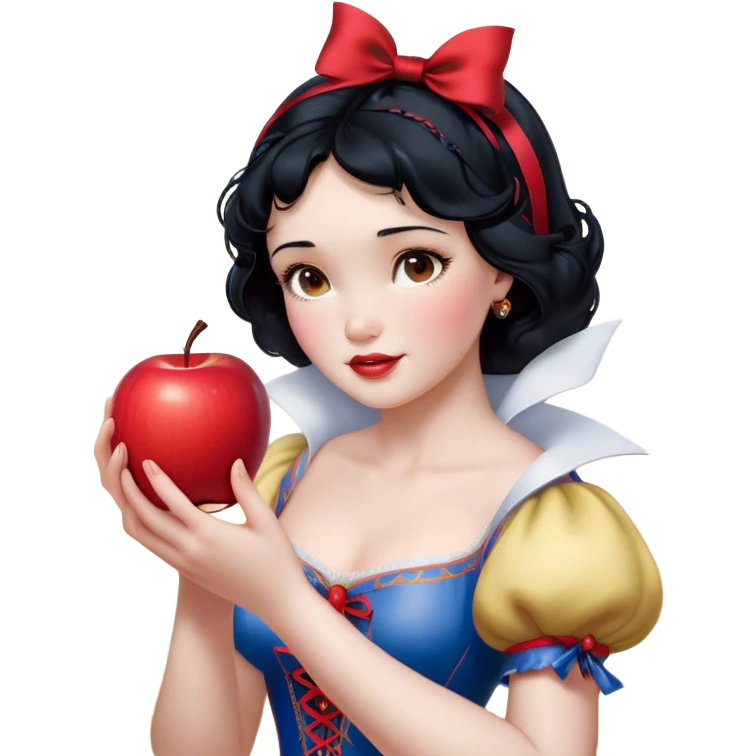 Cinematic Realistic Snow White Portrait, depicted with lifelike skin texture, soft natural lighting, and intricately detailed black hair styled with a red ribbon. Her soft brown eyes radiate innocence and kindness, complemented by a warm, gentle smile. She holds an apple in one hand, her other hand resting against her cheek, embodying her purity and charm. She is dressed in her classic yellow, blue, and red gown, the fabric rich in texture with delicate folds that catch the light beautifully. The portrait features a soft, natural glow with a radiant finish, capturing the essence of timeless beauty in a realistic and painterly style. emoji