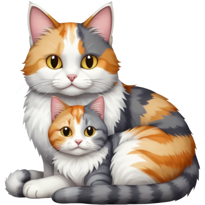 full body colourful light patched calico + white tabby cat cuddling a grey and white cat  emoji