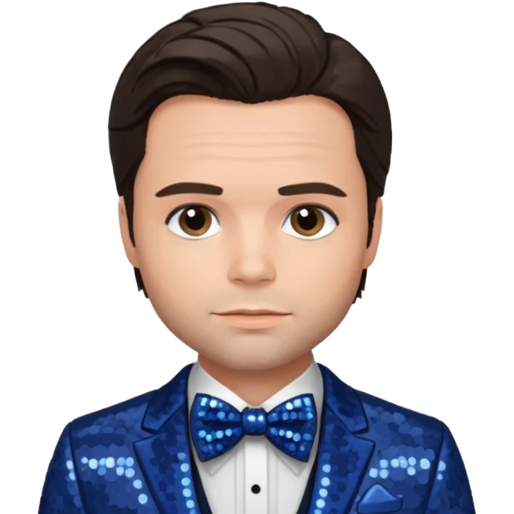 Sebastian Stan with dark brown hair, indigo sequin suit with bow tie emoji