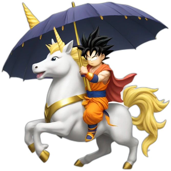 god goku riding a super saiyan unicorn with umbrella in hand emoji