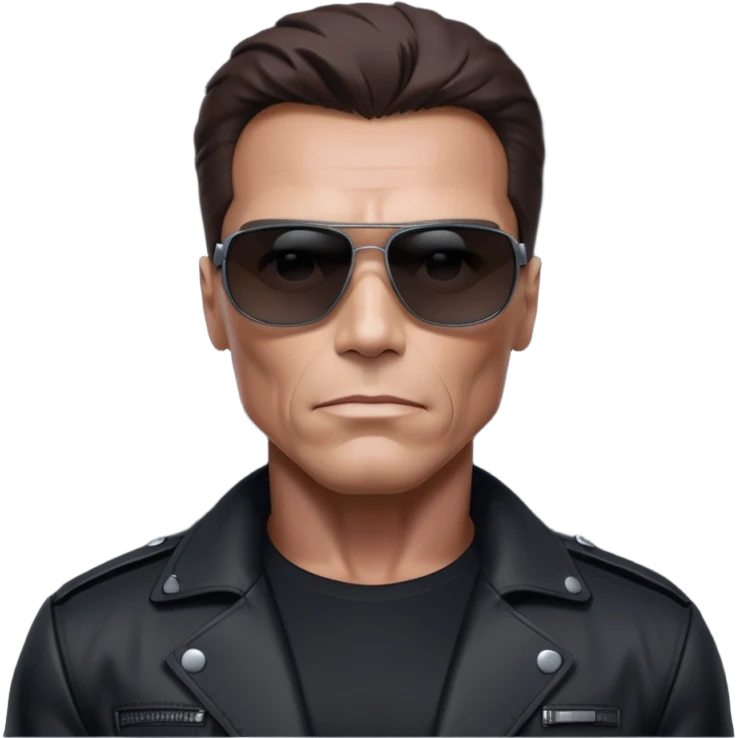 Schwarzenegger-like Terminator, upper body only, wearing his iconic clothes in black (all clothes must be black), looking more human with minimal robotic details, and wearing dark sunglasses, hair must be dark emoji