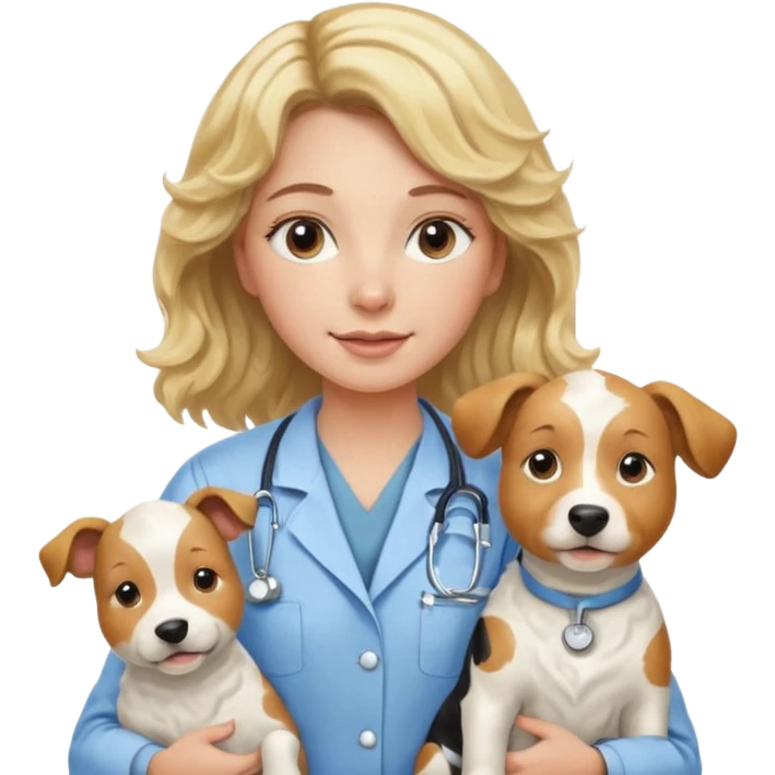 Joven mujer, de cabello bajo los hombros rubio con ondas, veterinaria de perros, vacas y caballos, con traje clínico celeste, sin delantal emoji
