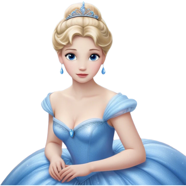 Cinematic Realistic Cinderella Portrait, depicted with lifelike skin texture, subtle rosy undertones, and soft natural lighting that enhances the gentle contours of her face. Her intricately detailed golden blonde hair is elegantly styled in an updo, with delicate wisps framing her face. Her deep, expressive blue eyes radiate warmth and sincerity, reflecting a quiet resilience and grace. She holds a glass slipper gently in one hand, her other hand resting gracefully at her side, emphasizing the timeless beauty of the moment. She is dressed in her iconic ball gown, the fabric shimmering with intricate embroidery and fine translucent layers that catch the light beautifully. The soft sheen of satin gloves adds a magical touch to her graceful pose. The portrait features an enchanting glow with a natural, luminous finish, seamlessly blending realism and fairytale charm to evoke a sense of depth, elegance, and timeless beauty. emoji