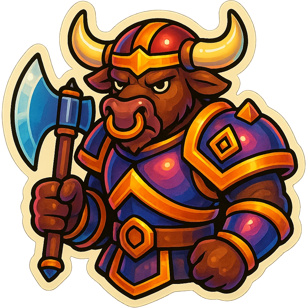 cow character inspired by World of Warcraft, in fantasy armor, stylized as a retro sticker emoji