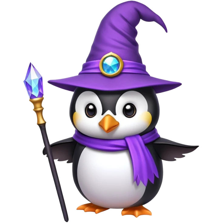 Penguin wearing a purple wizard hat and holding a magic wand emoji
