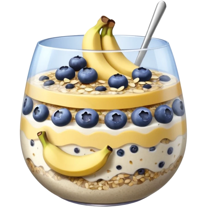 Overnight oats with banana,blueberries, honey, sky, chiaseeds emoji