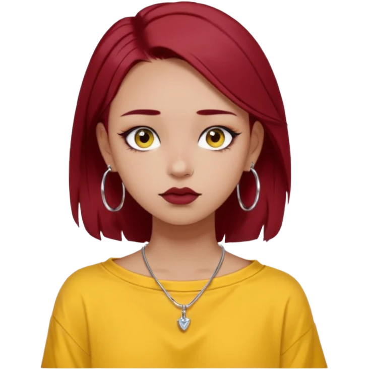 generate a pretty bratz girl with dark brown eyes. Dark red hair straight long. wearing a yellow oversized tee falling off her shoulder, dainty silver necklace, silver hoops, septum piercings. big eyeliner emoji