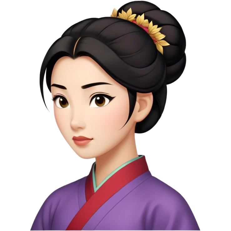 Cinematic Realistic Serene Mulan Portrait, showing Mulan (chest and above) with radiant, smooth skin and delicately detailed dark hair swept back in a neat bun. Her gentle, reflective expression is captured with soft natural lighting that highlights the nuanced textures of her features and traditional attire in muted hues. The composition glows with an inviting, natural radiance and subtle shadows, evoking a calm and introspective mood that speaks of quiet strength and enduring beauty. emoji