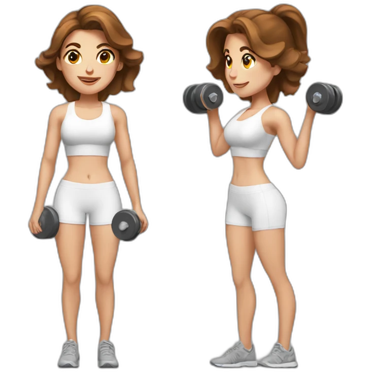 White beautiful fitness women with brown hair with dumbbells in their hands emoji
