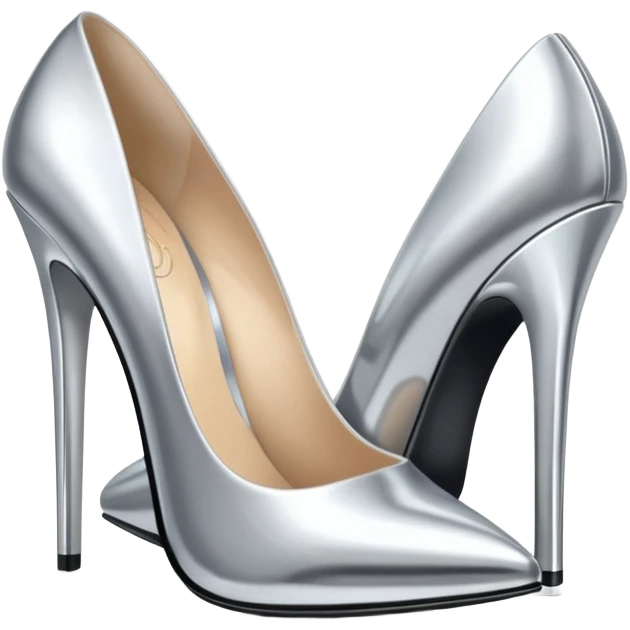 A pair of high heel shoes emoji made of polished silver chrome, elegant sharp silhouette, smooth metallic surface, glossy reflections, luxury sexy vibe, minimalistic iOS emoji style, centered, clean white background emoji
