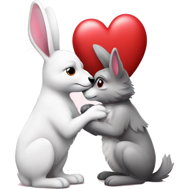 Old Wolf kisses a white Bunny who has pink ears, with big red heart between them emoji