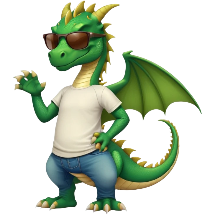 friendly anthropomorphised green dragon in a sports t-shirt and jeans with dark sunglasses, relaxed pose emoji