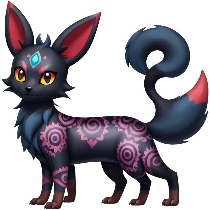 Shiny Exotic Badass Colorful Ethereal Royal Mysterious Gothic Umbreon-Zorua-Litten-Noibat-Pokémon-Fakémon-hybrid-creature (full body) with random pattern-markings emoji