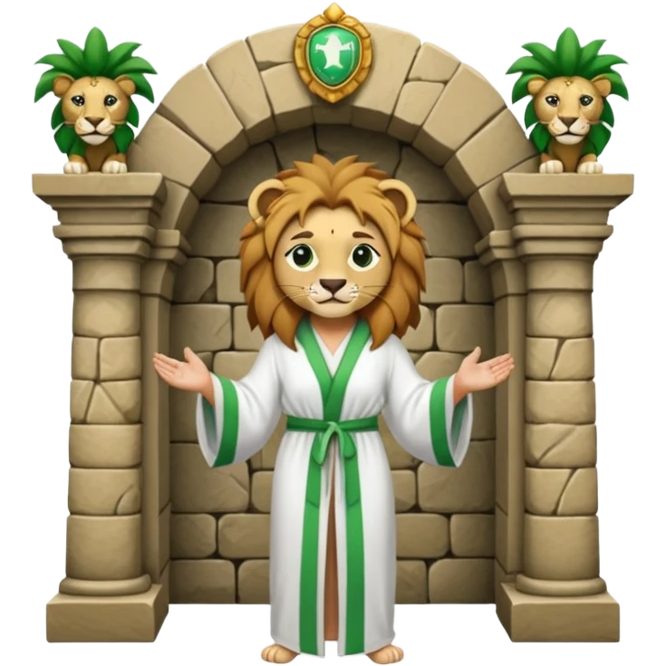 Un drapeau  avec 2 bande verte qui et une bande blanche au milieu avec une femme avec 1 lion de chaque coter d’elle sous un arc en pierre  emoji