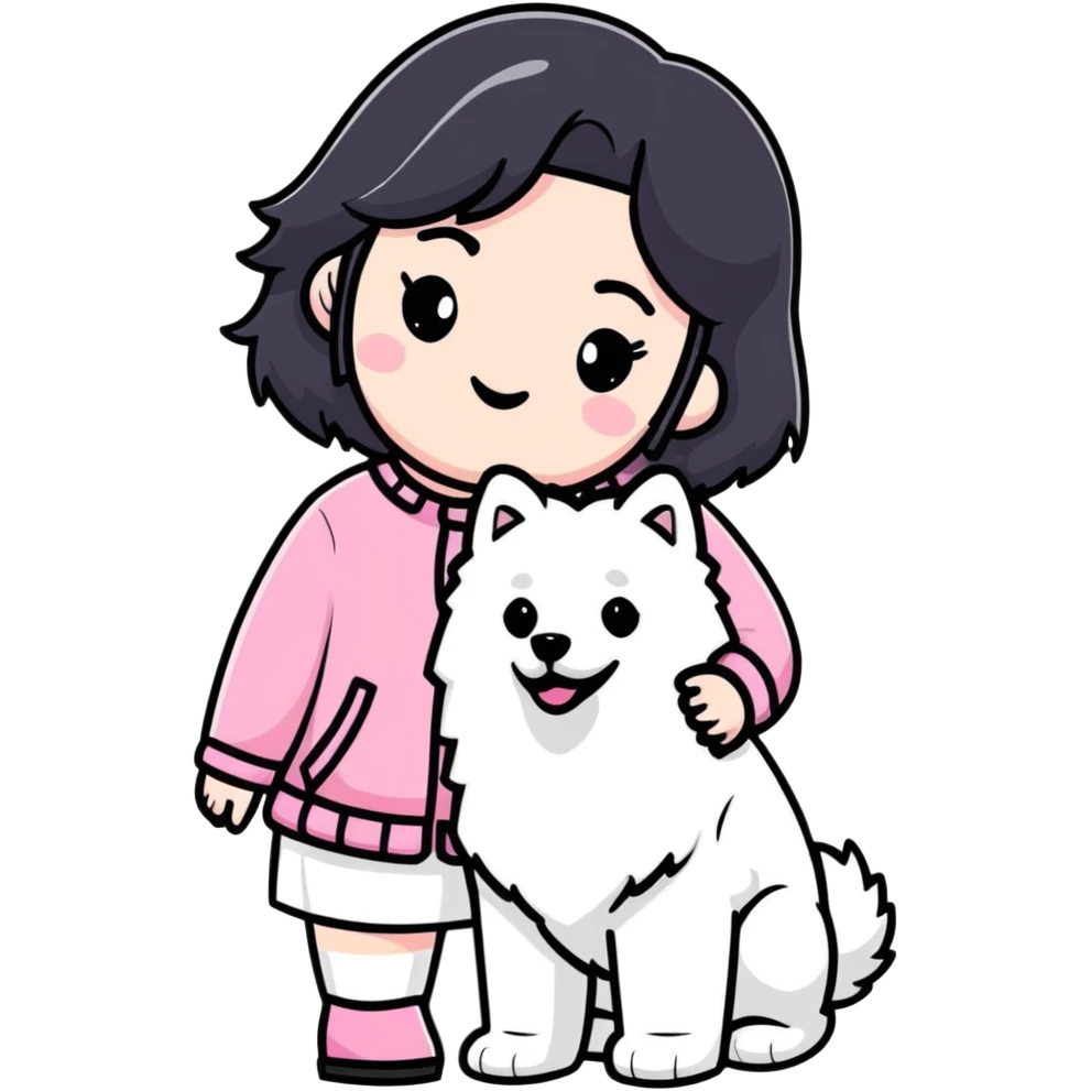 black-haired girl in pink Chanel style outfit with white Samoyed dog emoji