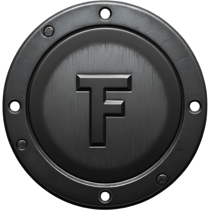 Minimal emoji, gothic metal coin made of black steel, engraved number f at the center, ancient industrial aesthetic, worn metal texture, no glow, no neon, flat emoji design, centered, transparent background emoji