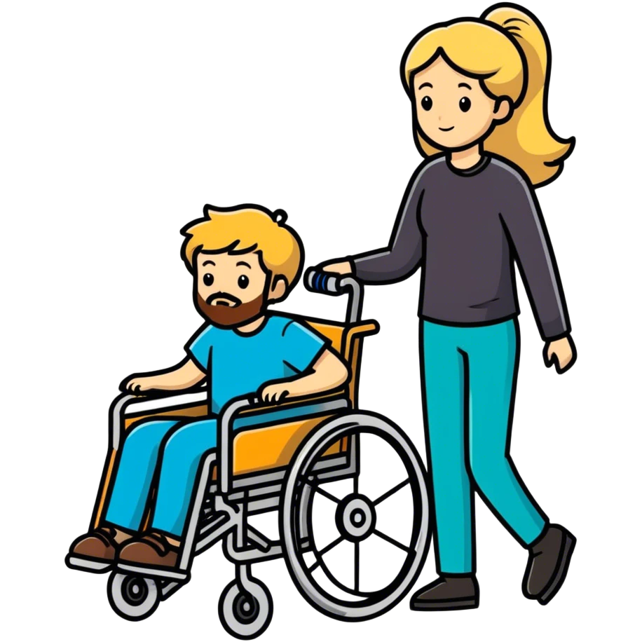 Single Boy in wheelchair with a beard with single long blonde haired mom pushing emoji