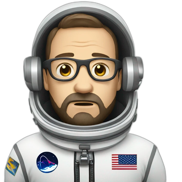 Crying ugly caucasian astronaut with black beard and white glasses emoji