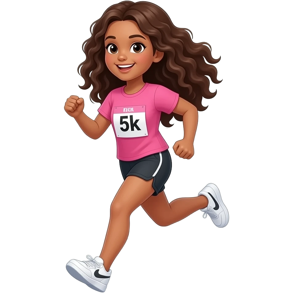 white skin birthday girl with long dark brown curly hair running wearing black shorts, a pink tshirt, white sneakers, and 5k run bib emoji