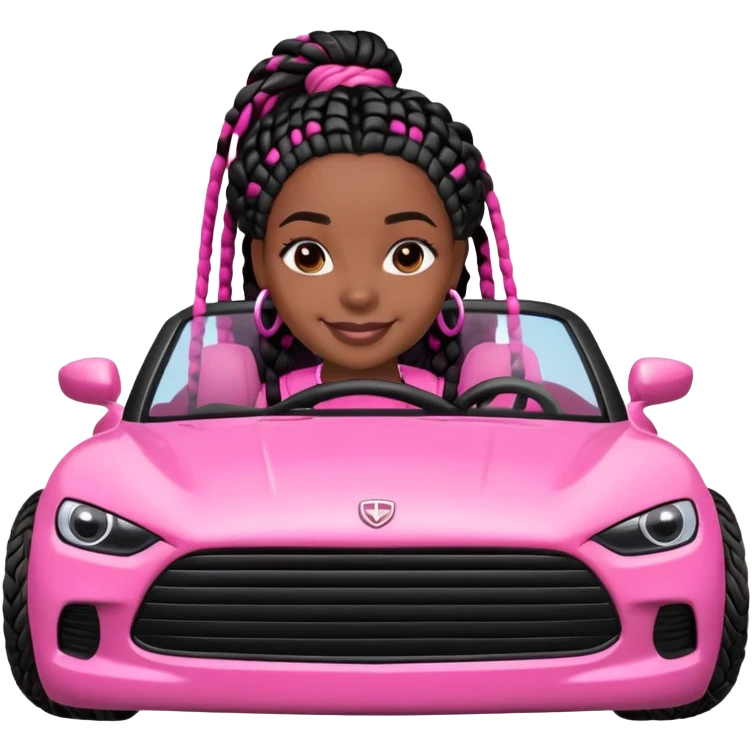 A dark-skinned Black woman with black box braids, driving a pink car emoji