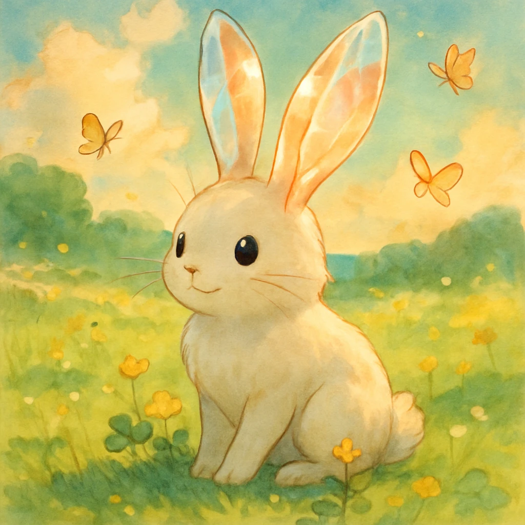 A playful rabbit spirit companion with partially translucent ears that catch the sunlight like crystal, leaving small flowers blooming with each hop, sitting in a meadow with butterflies circling around it emoji