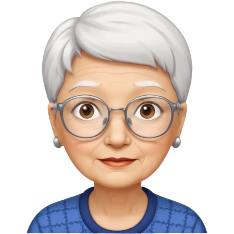 Create me emoji of an old lady. Short white hair to left side. Square glasses. Brown eyes. Rounded bigger face. Wide nose emoji