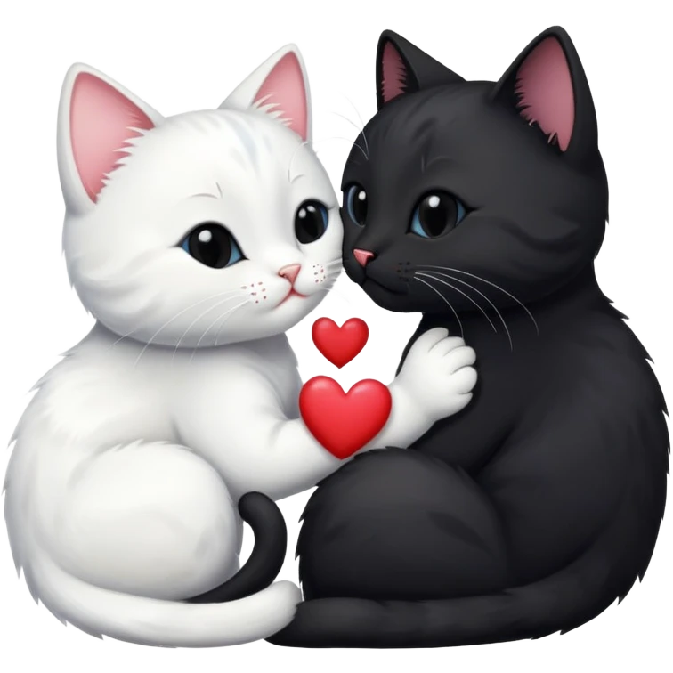 Big black cat is kissing a small white cat with hearts above emoji