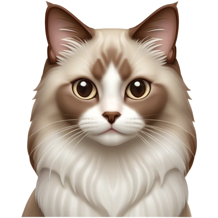 Cinematic Chocolate-Point Ragdoll Cat Portrait Emoji, Elegant and alert, sleek brown and white tones with a distinct white nose, Simplified yet sharp features, highly detailed, glowing with a warm, confident glow, high shine, intelligent and poised, stylized with an air of grace, focused and attentive, soft glowing outline, capturing the essence of calmness and elegance, so lifelike it feels as though it could spring into motion with a gentle, poised presence at any moment! emoji
