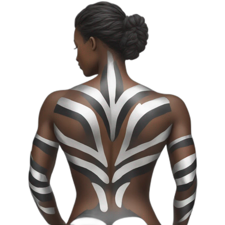 Hyper-realistic metal fitness model in striped body paint from behind emoji