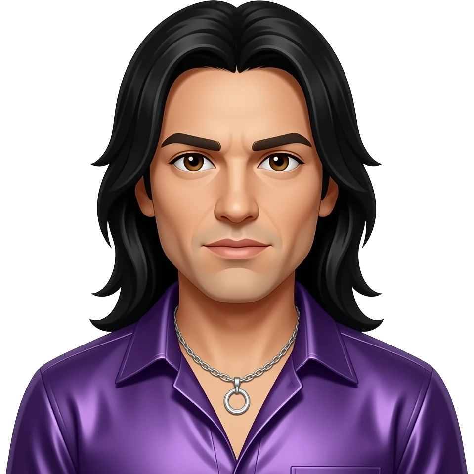 Jonathan Davis with dark brown eyes, long black hair, purple metallic shirt, silver necklace emoji
