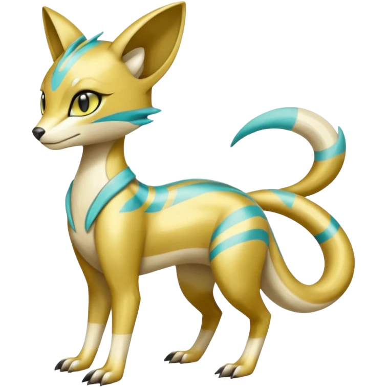 Colorful Golden-gradients Shiny smooth glossy soft elegant Meloetta-Sergal-Genet-Pokémon-Digimon-Fakémon-fusion-hybrid-creature with Cyan stripes  emoji