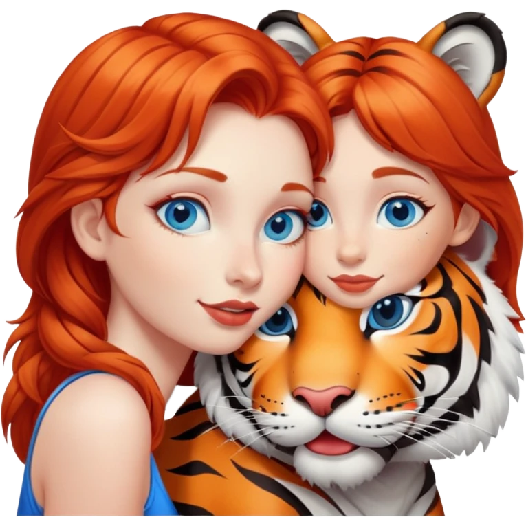 blue eyed redhead girl kisses happy tiger emoji