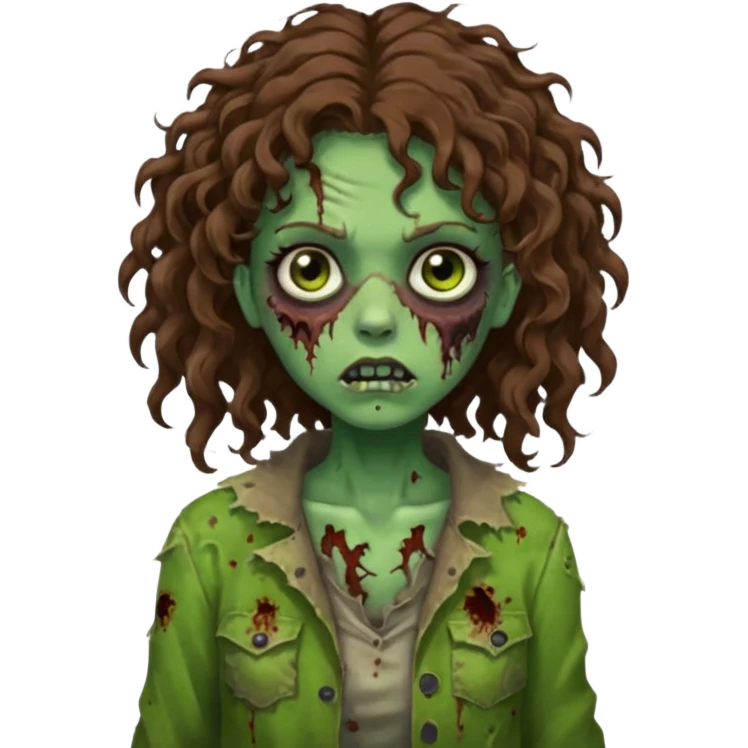 Faça uma garota zombie de cabelo cacheado castanho, olhos castanhos escuro e pele verde d zombie, com o cabelo abaixo do ombro emoji