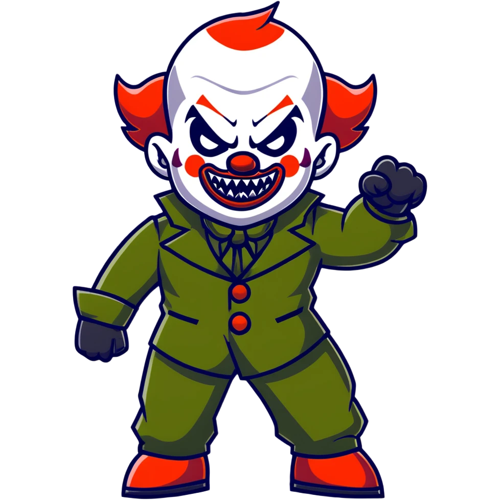 evil clown warrior, bald, small black satan-like horns on forehead, fangs, pointed ears, eye patch over one eye, black and military green leisure suit with bellbottom pants, realistically proportioned, less bulky, full body, battle-ready fighting posture emoji