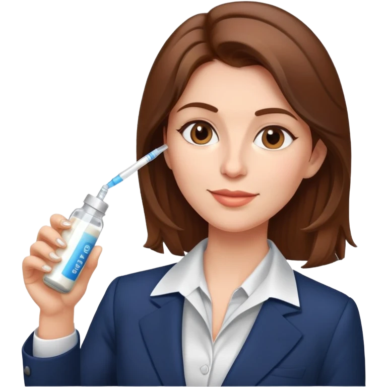 Mom with brown hair in business suit drinking milk and holding a vaccine syringe emoji