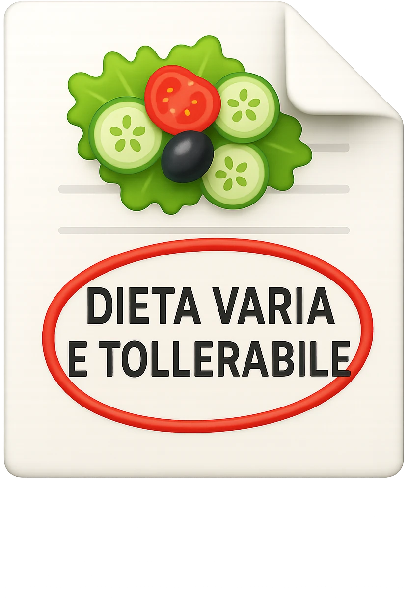 emoji stile iphone di un foglio con un insalata disegnata sopra e la scritta "DIETA VARIA E TOLLERABILE" CERCHIATA IN ROSSO, iperrealistico 4k, isolato su sfondo bianco emoji