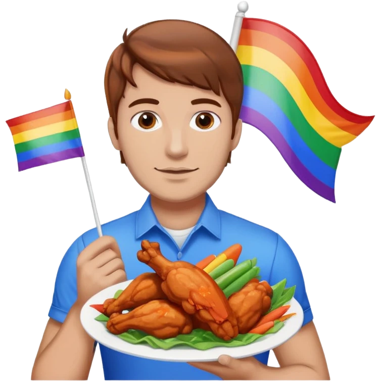 Guy with brown hair holding buffalo chicken wings and a gay pride flag emoji