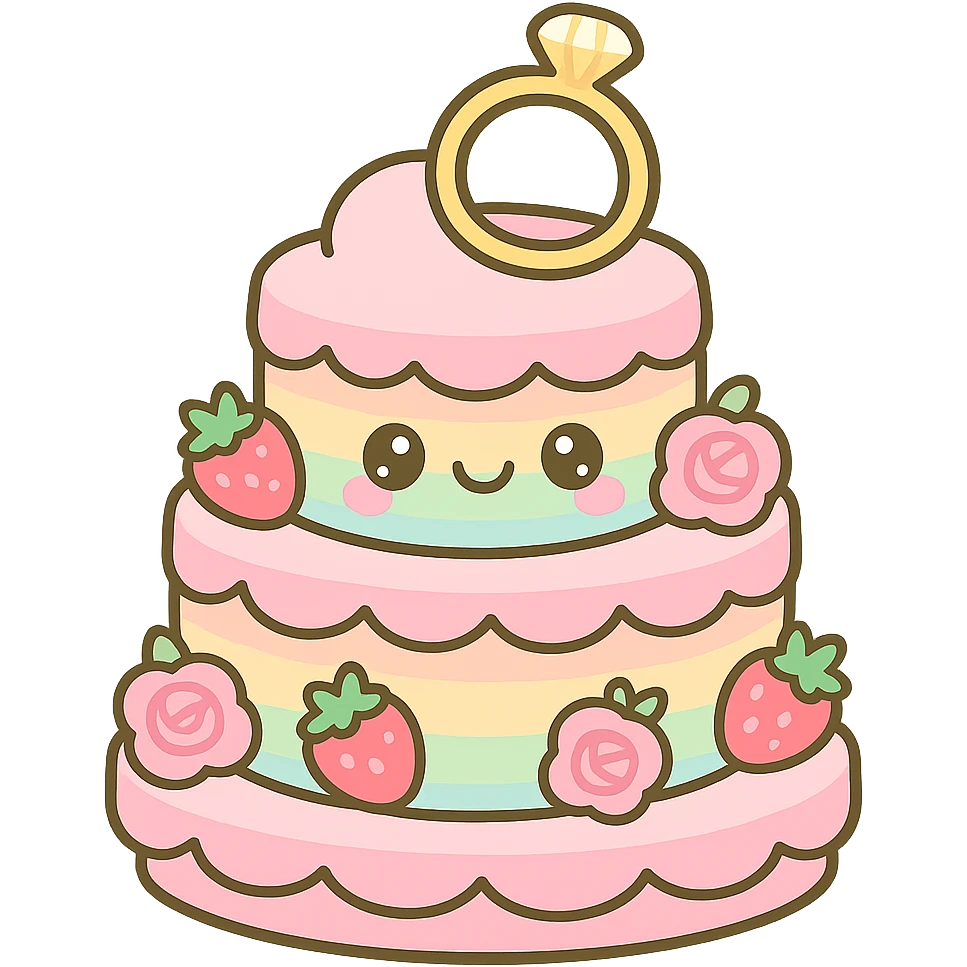 pastel rainbow wedding cake with strawberries, pink roses, gold ring topper, kawaii style emoji