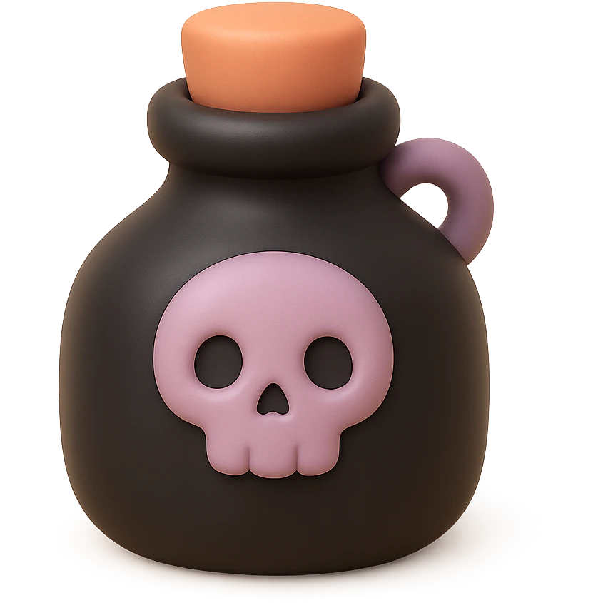 black goth potion bottle with a skull motif, soft and cute gothic look, mochi style emoji