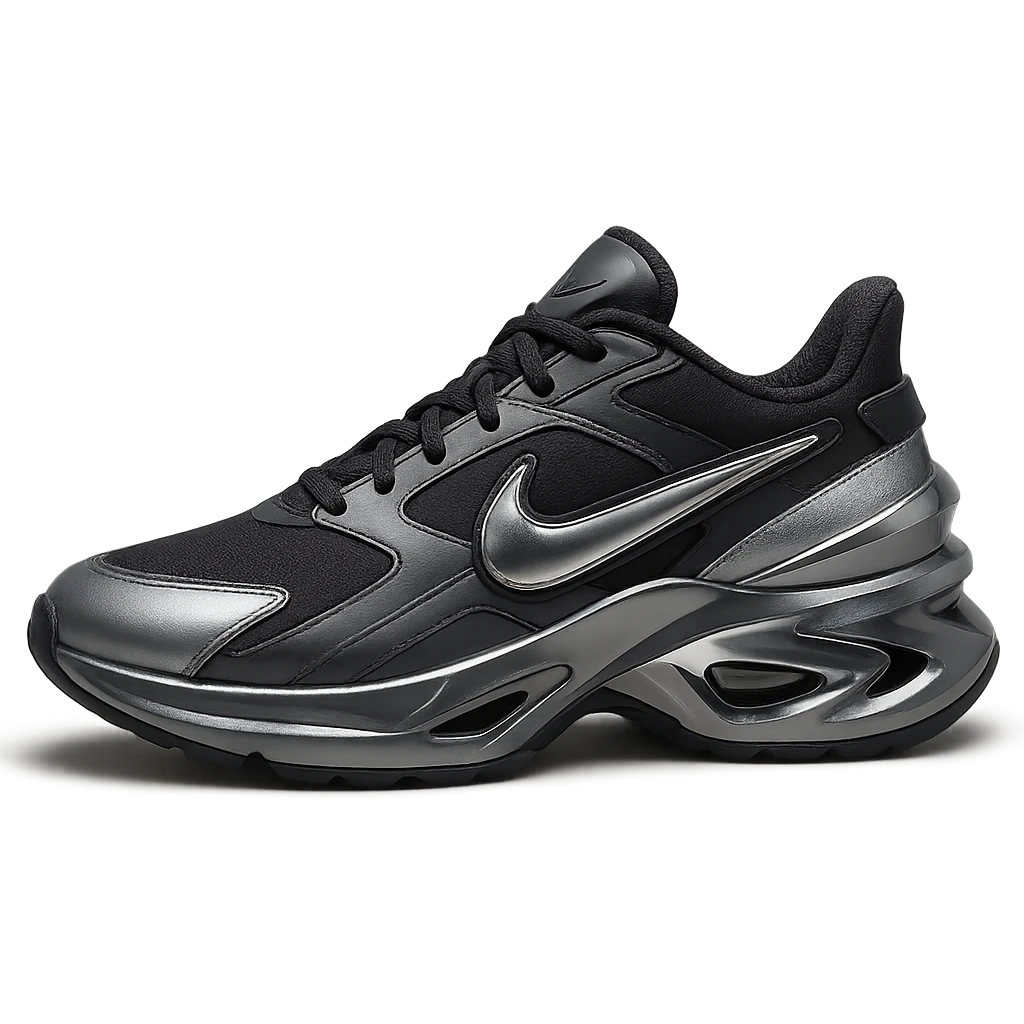 Nike sneaker, futuristic design, metallic accents, unique silhouette, minimal background emoji