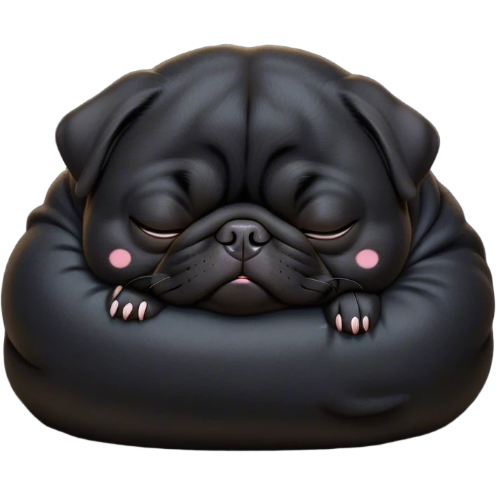 Cinematic Meme-Worthy Chubby Sleeping Black Pug Portrait Emoji, Head resting peacefully with a contented smile, showcasing a delightfully chubby build and a luxuriously soft black coat, eyes shut in a serene nap, Simplified yet hilariously adorable features, highly detailed, glowing with a soft, drowsy light, high shine, relaxed and utterly lovable, stylized with an air of playful laziness, bright and heartwarming, soft glowing outline, capturing the essence of a comically sleepy companion, so meme-worthy it feels like it could instantly become the next viral sensation of adorable slumber! emoji