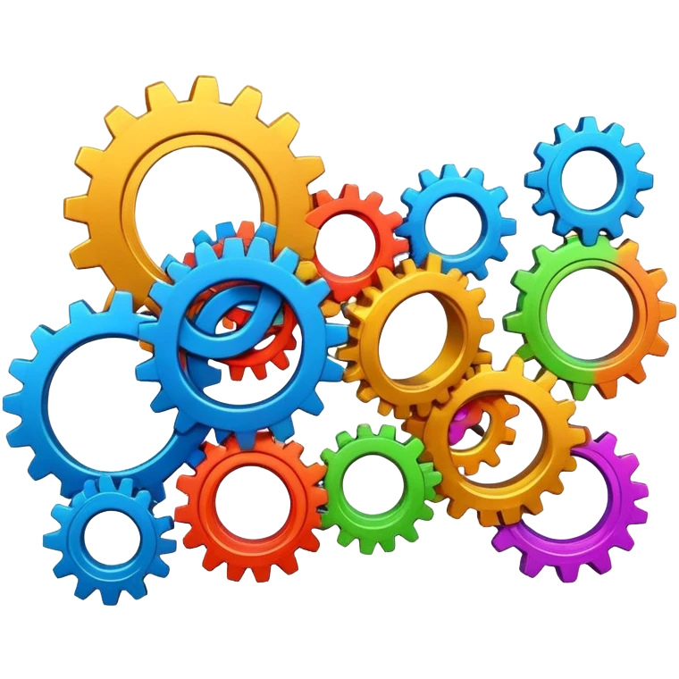 Set of colorful interlocked gears turning together in a system emoji